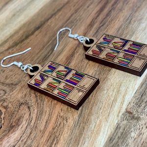 Cherry wood engraved library book earrings